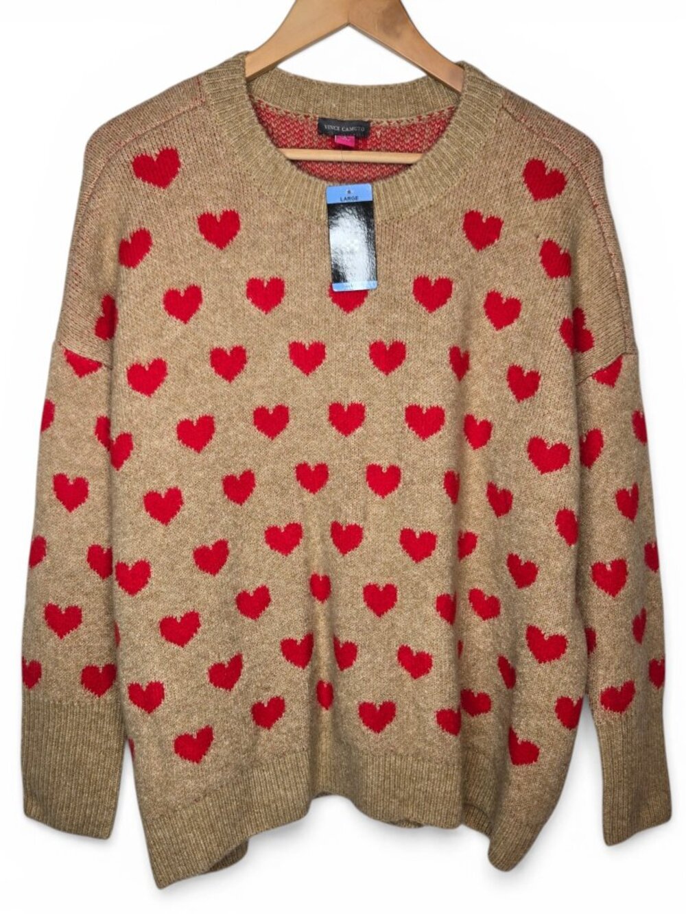 NWT Vince Camuto Super Soft Hearts Sweater Women Oversized Chunky Crew Neck L